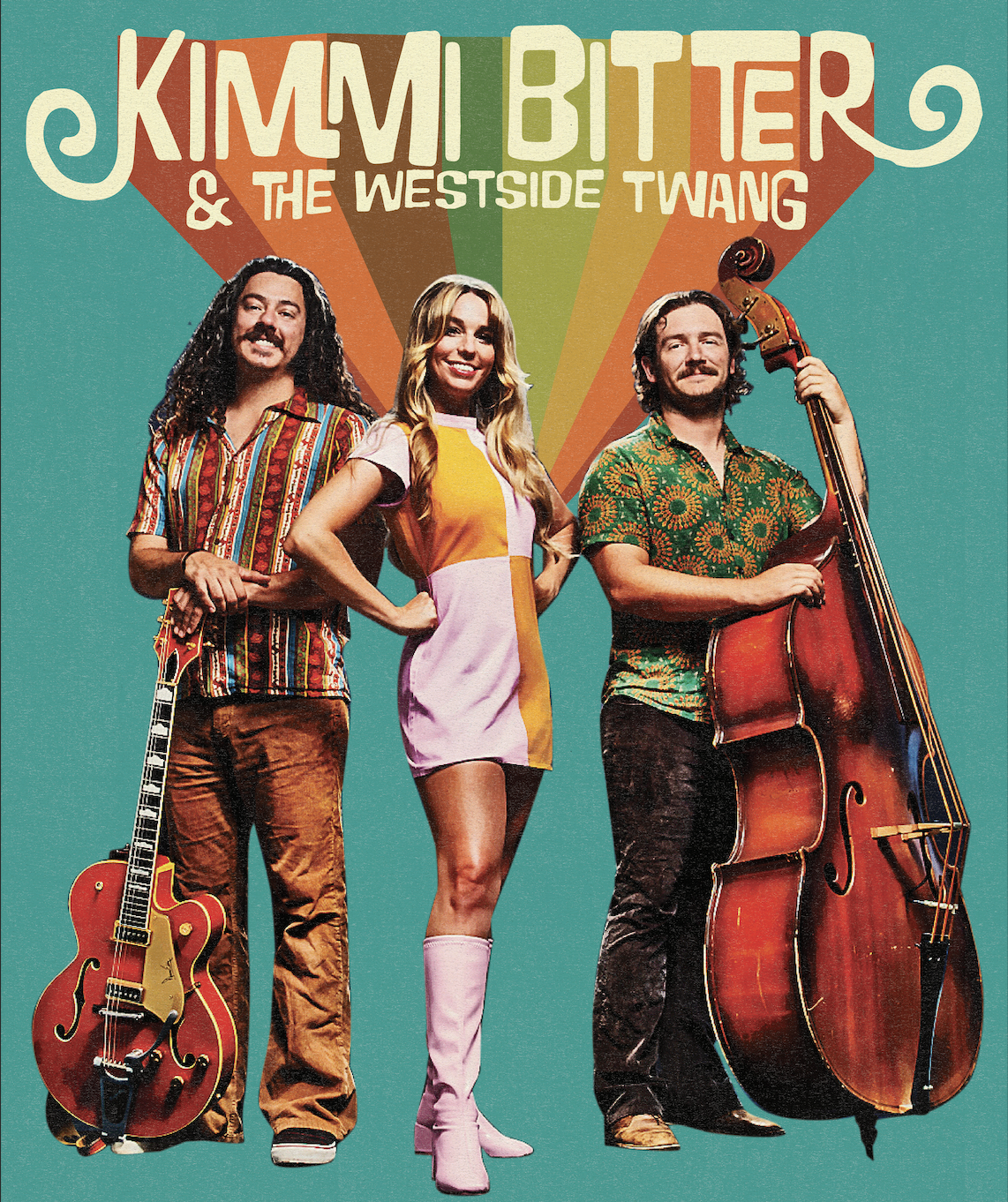 Cover photo of Kimmi Bitter & The Westside Twang, featuring three band members standing with musical instruments against a teal background with colorful rays and stylized band name at the top.