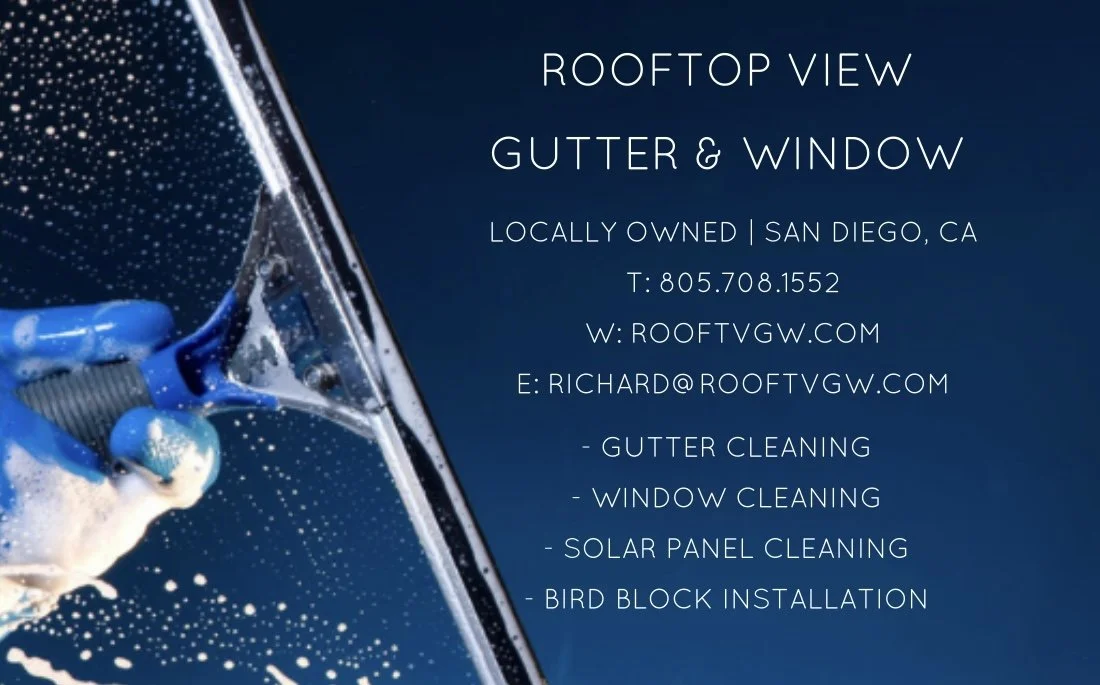 Business card for Rooftop View Gutter & Window, a roofing company in San Diego, CA, listing services like gutter cleaning, window cleaning, solar panel cleaning, and bird block installation, with contact information and a rooftop view background.