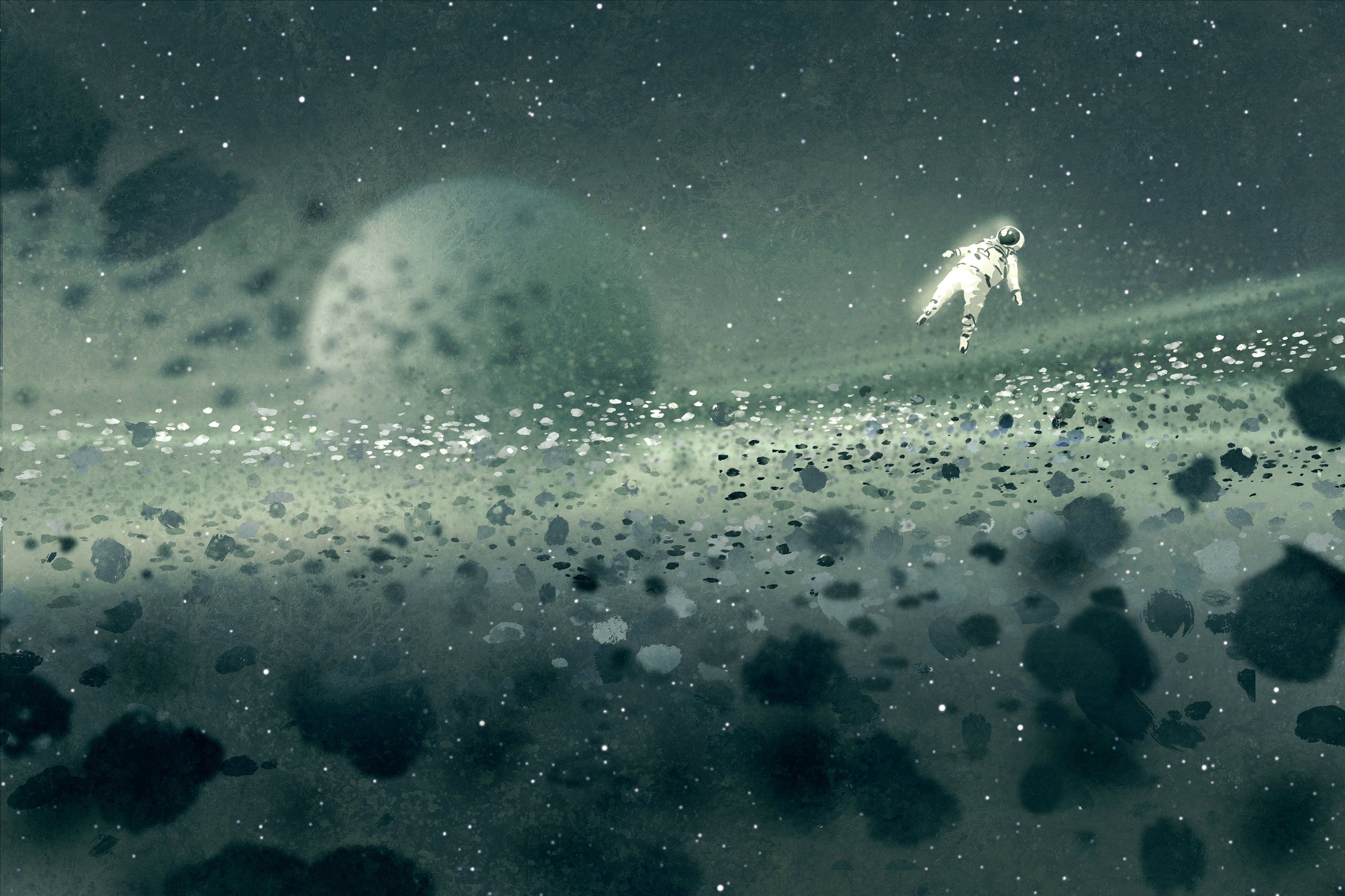 An astronaut floating in space with stars and a large celestial body in the background.