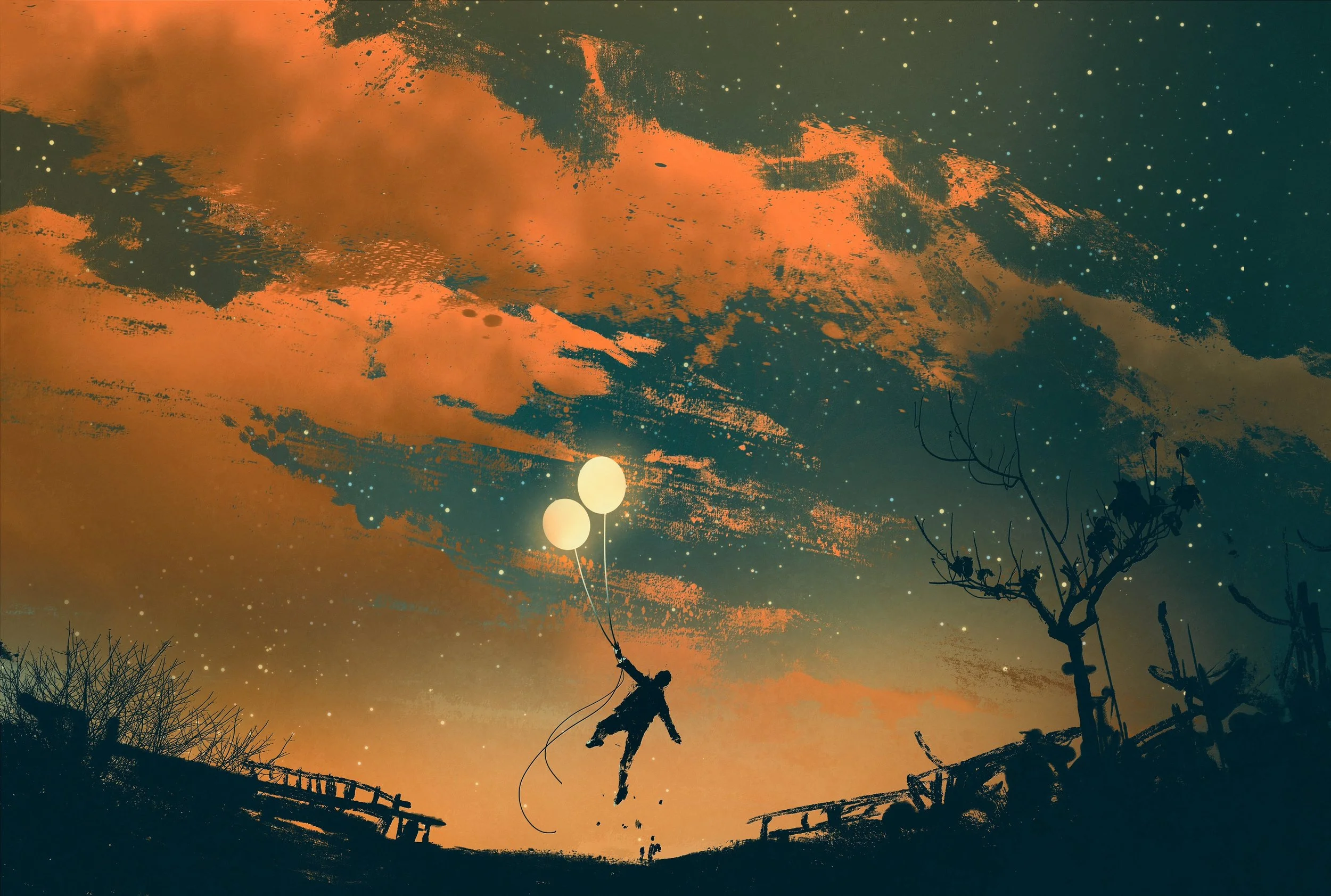 Silhouette of a child on a swing hanging from a tree branch, with a sunset sky featuring orange clouds, stars, and two balloons floating nearby. A fence and silhouettes of trees are visible in the foreground.