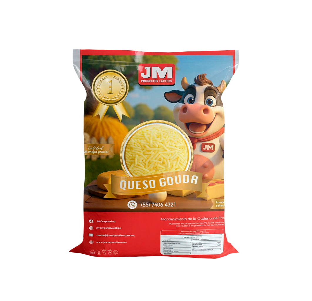 Embarrague de queso gouda con una vaca caricatura sonriente y fondo de campo con calabazas