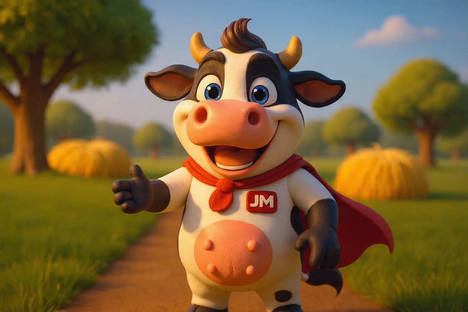 Una vaca caricaturesca con capa roja en un campo con árboles y heno, sonriendo y caminando hacia adelante.