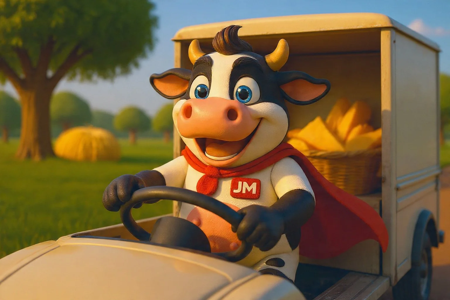 Personaje de dibujos animados, una vaca con expresión feliz conduciendo un vehículo de reparto con una caja llena de queso, en un campo con árboles y heno.