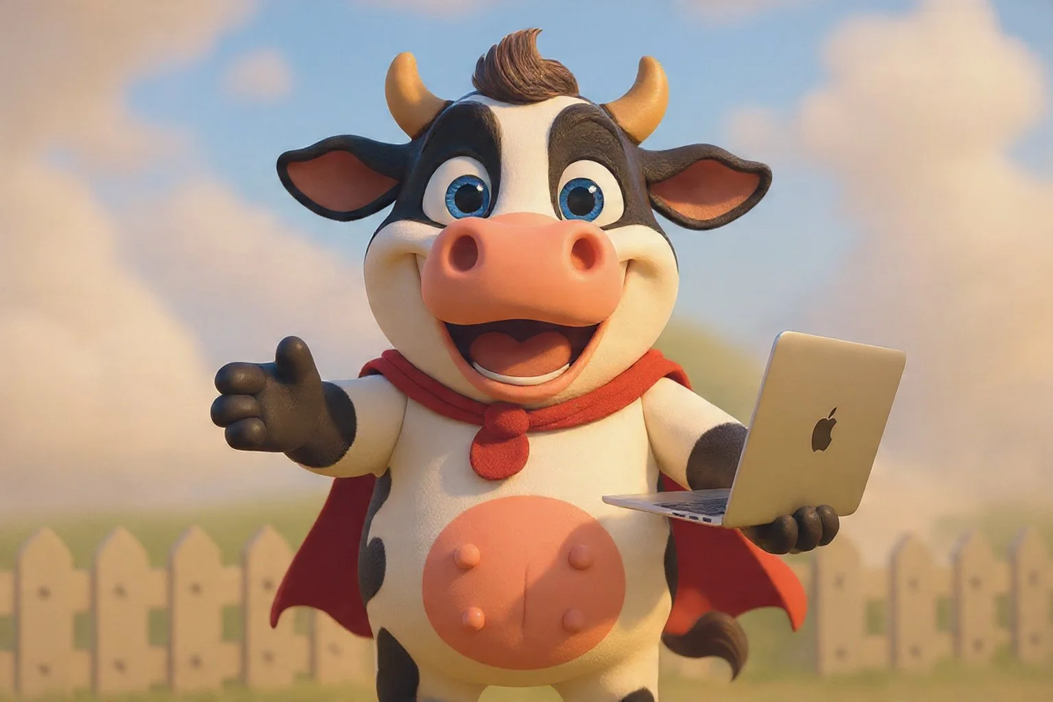 Una vaca animada sosteniendo una laptop Apple, con una expresión alegre en un campo con valla de fondo, cielo con nubes.