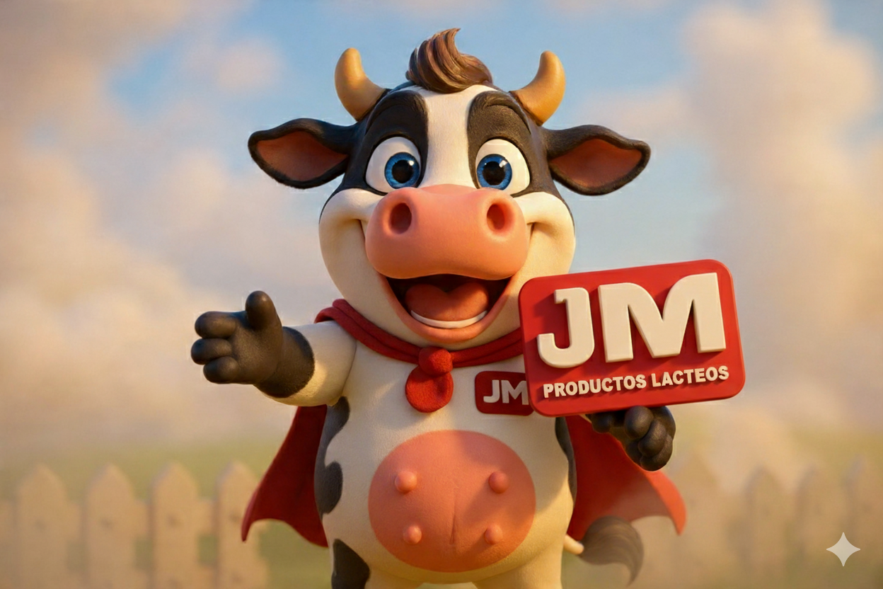 Una vaca cartoon con capa roja sosteniendo un cartel que dice 'JM Productos Lácteos' frente a un fondo de cielo con nubes.