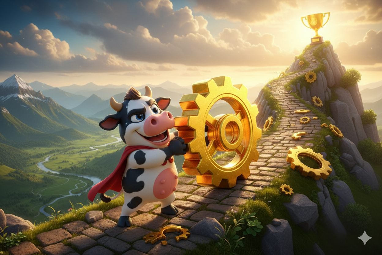 Una vaca cartoon feliz con capa roja sostiene una gran rueda dorada en un paisaje montañoso, con un camino de piedras y engranajes dorados por el camino, y una copa dorada en la cima de una colina.