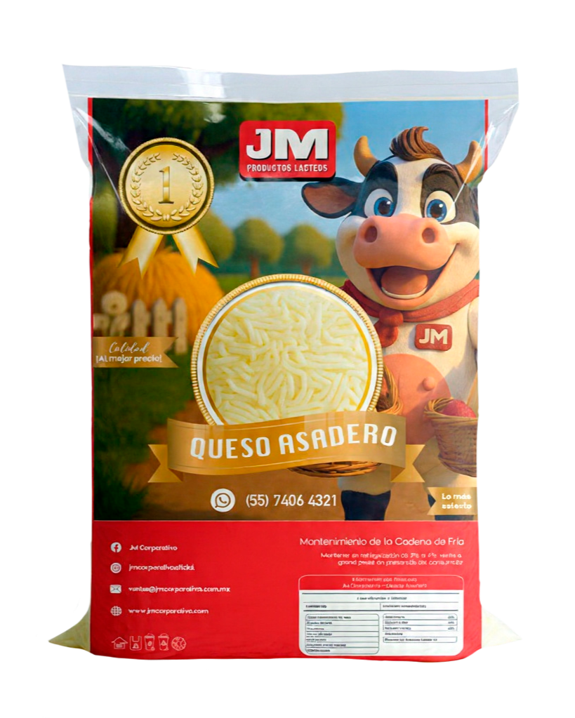 Empaque de queso asadero con una vaca animada y una medalla de primer lugar en la parte superior izquierda.