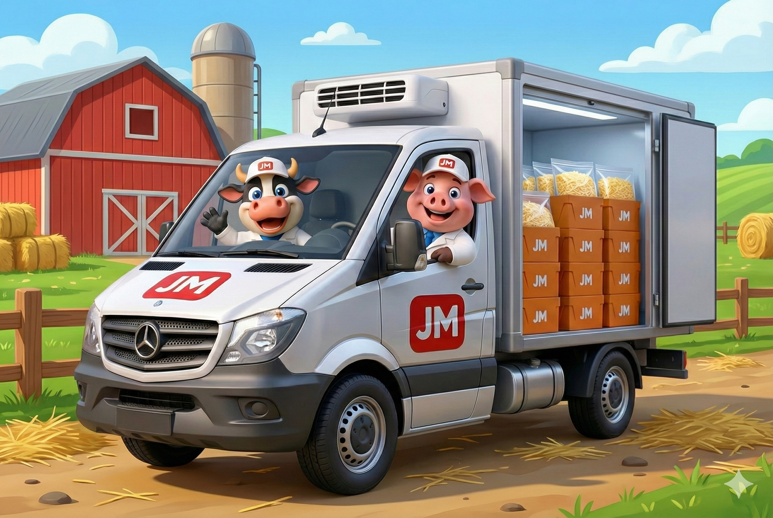 Una vaca caricaturesca con capa roja en un campo con árboles y heno, sonriendo y caminando hacia adelante.