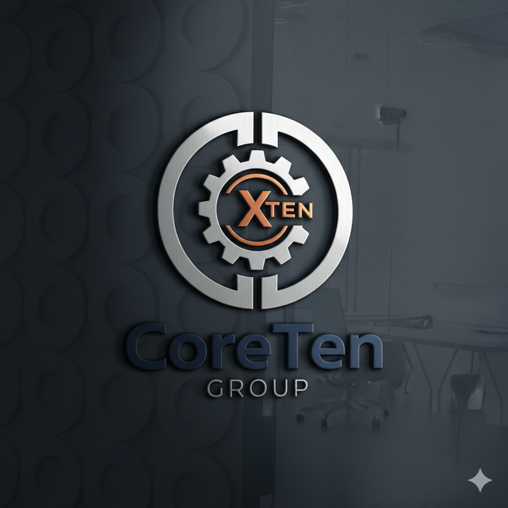 Company logo of CoreTen Group featuring a gear symbol with 'X Ten' inside and the company name below.