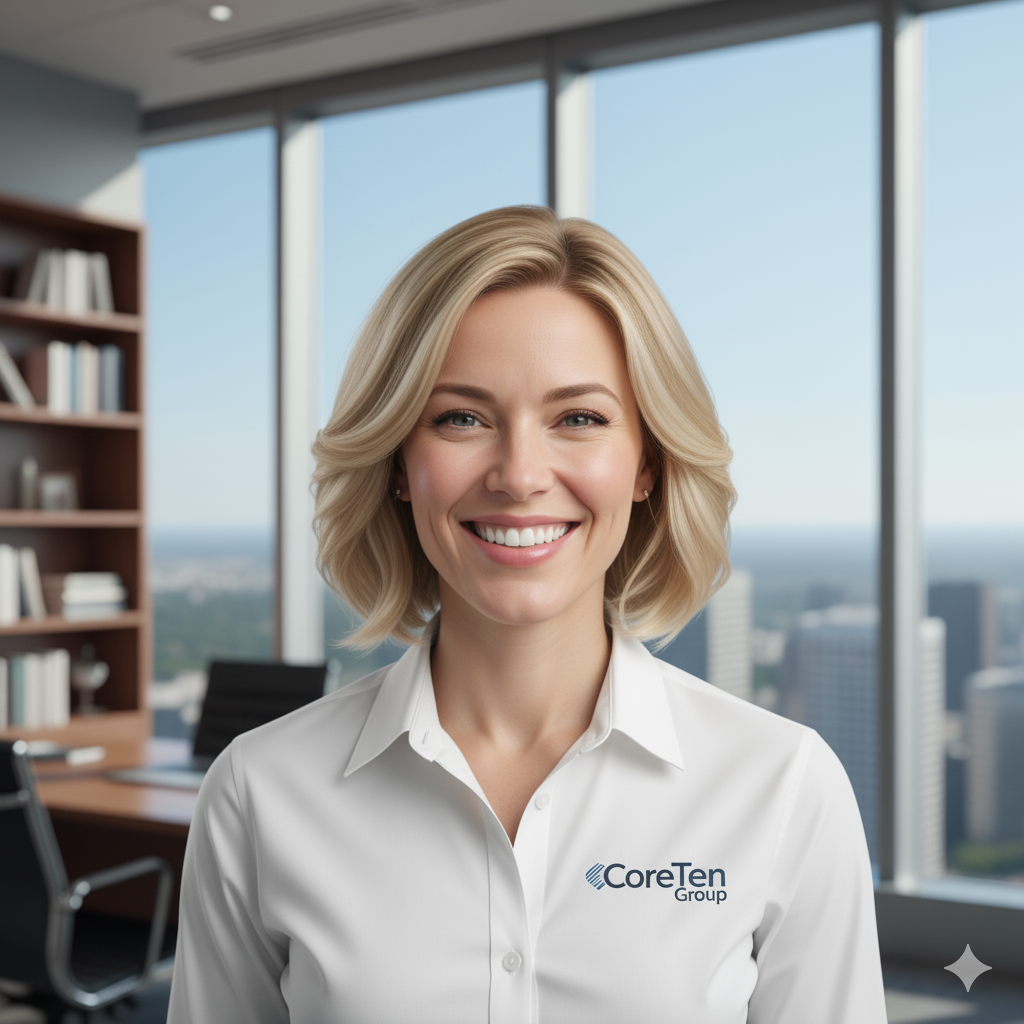 A smiling blonde woman in a white shirt with CoreTen Group logo, standing in an office with large windows and a cityscape view.