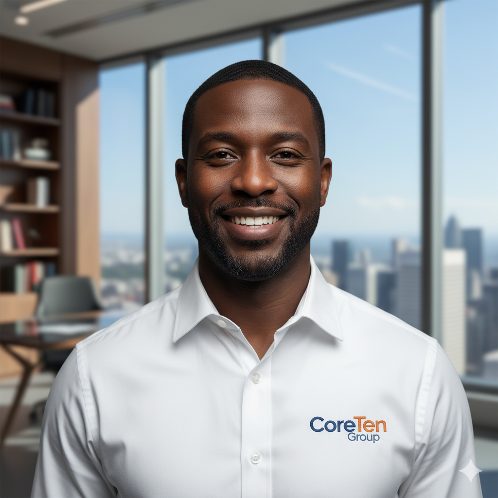 A smiling Black man in a white shirt with a CoreTen Group logo, standing in a modern office with large windows and a cityscape view in the background.