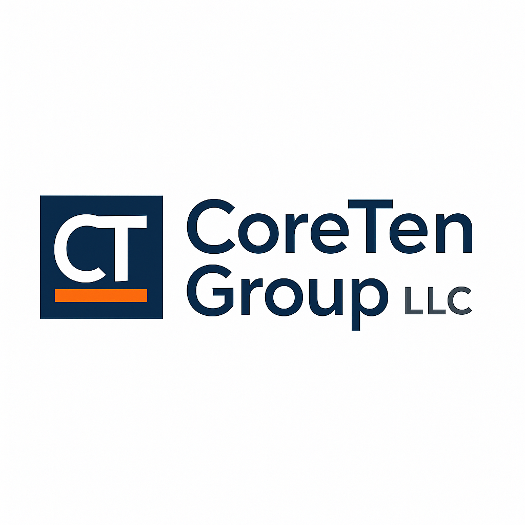 CoreTen Group LLC logo with a blue square and white 'CT' initials, orange underline, and company name in dark blue and gray text.