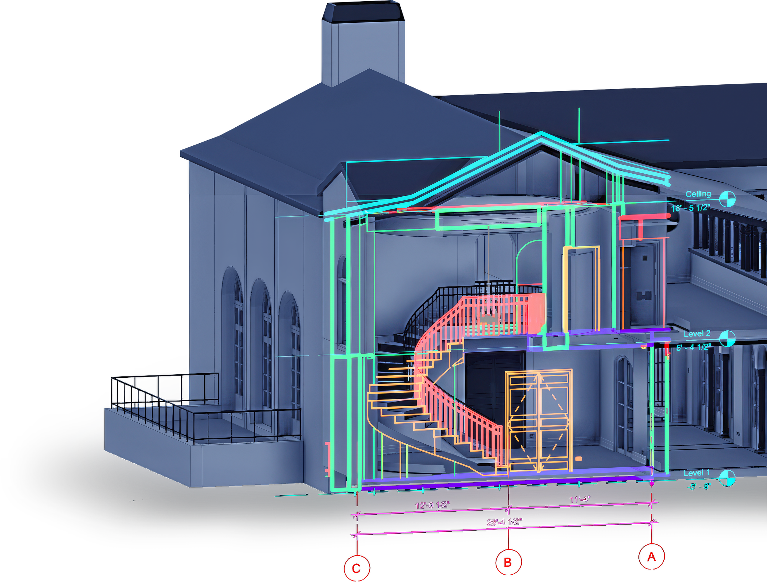 A detailed architectural blueprint of a house, showing interior walls, floors, ceiling, staircase, and measurements with colorful lines.