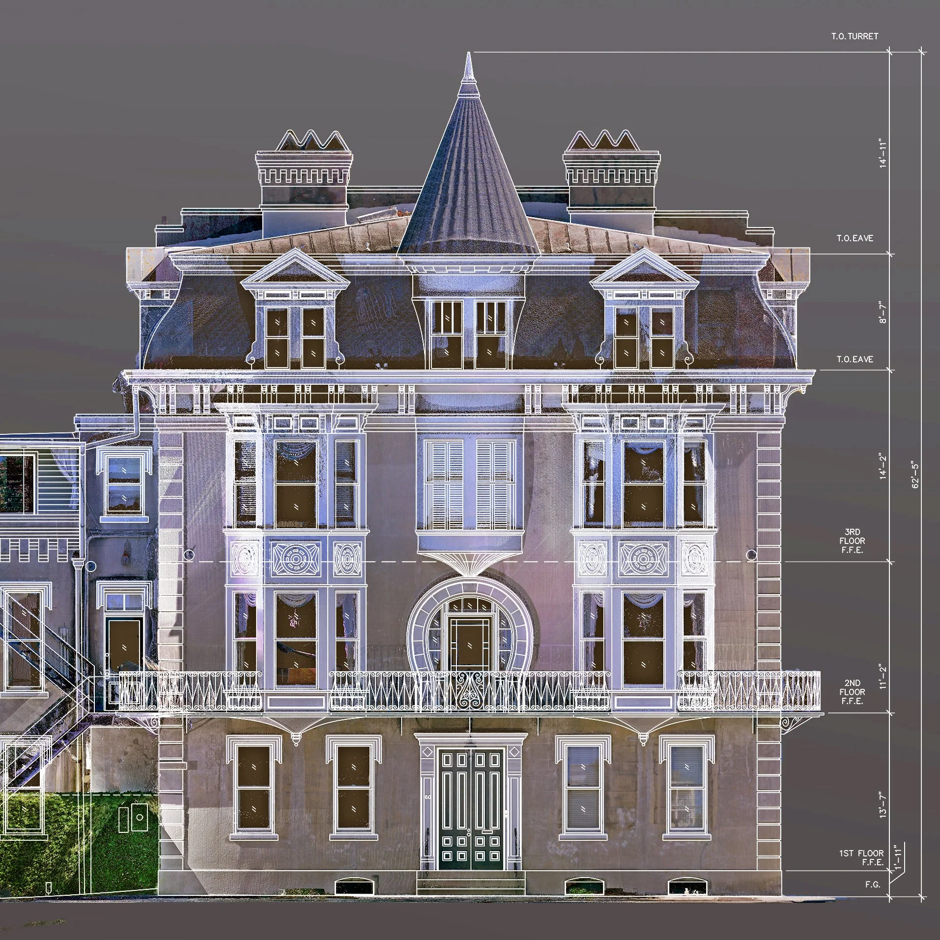 Digital blueprint of a multi-story Victorian-style house with detailed architectural measurements and annotations.