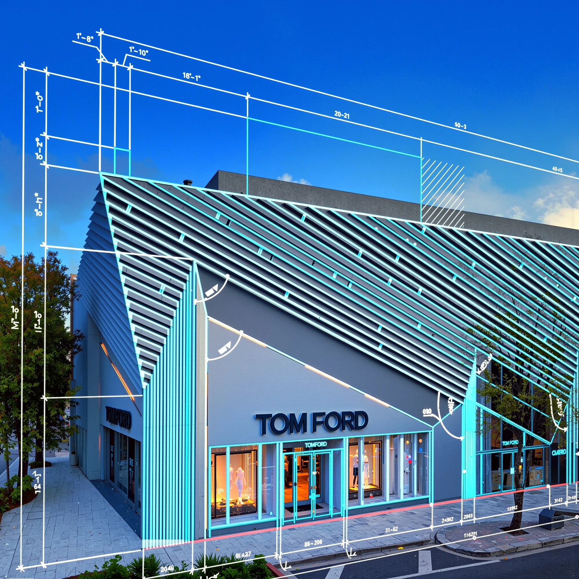 Architectural blueprint overlay on a modern Tom Ford store, showing measurements and design details on a clear blue sky background with trees.