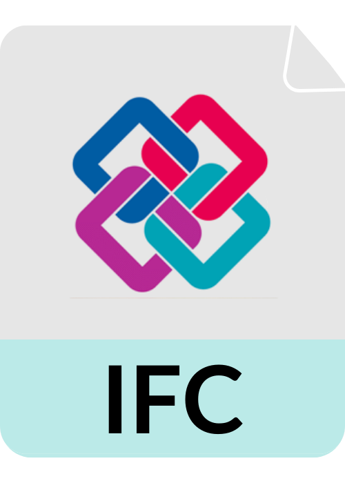 Colorful interlocking geometric shapes above the text "IFC" in black capital letters on a light blue background.