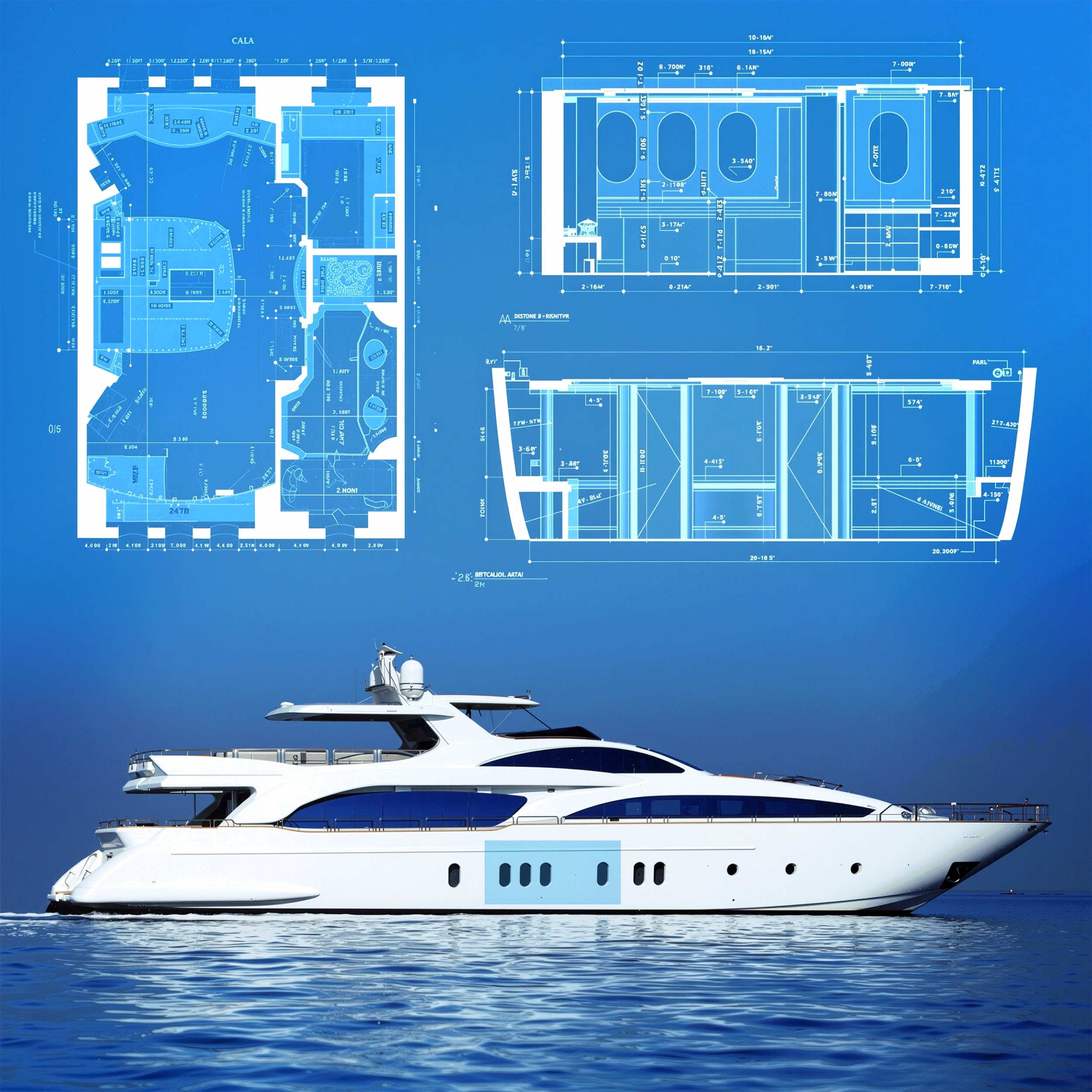 A luxury yacht on the water beneath blueprints of a yacht's interior and deck layouts displayed on a blue background.
