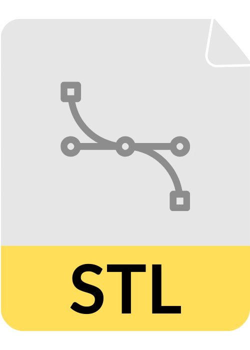 A graphic illustration of a 3D printer model with STL file abbreviation, showing a stylized 3D printed object and technical design elements.