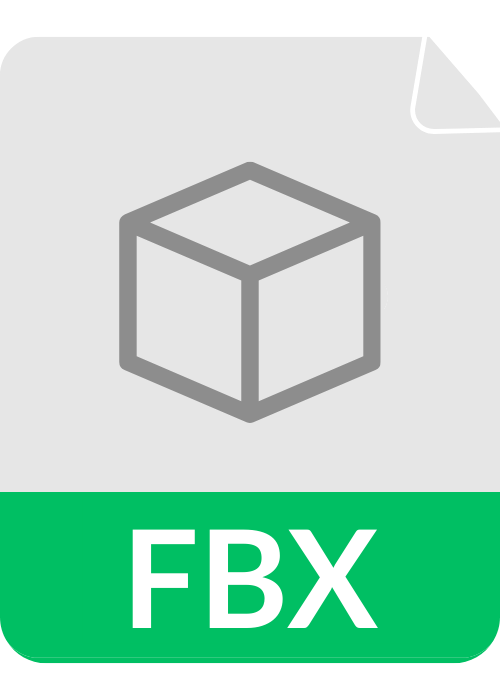 A label with a 3D cube icon and the text 'FBX' in bold white letters on a green background.