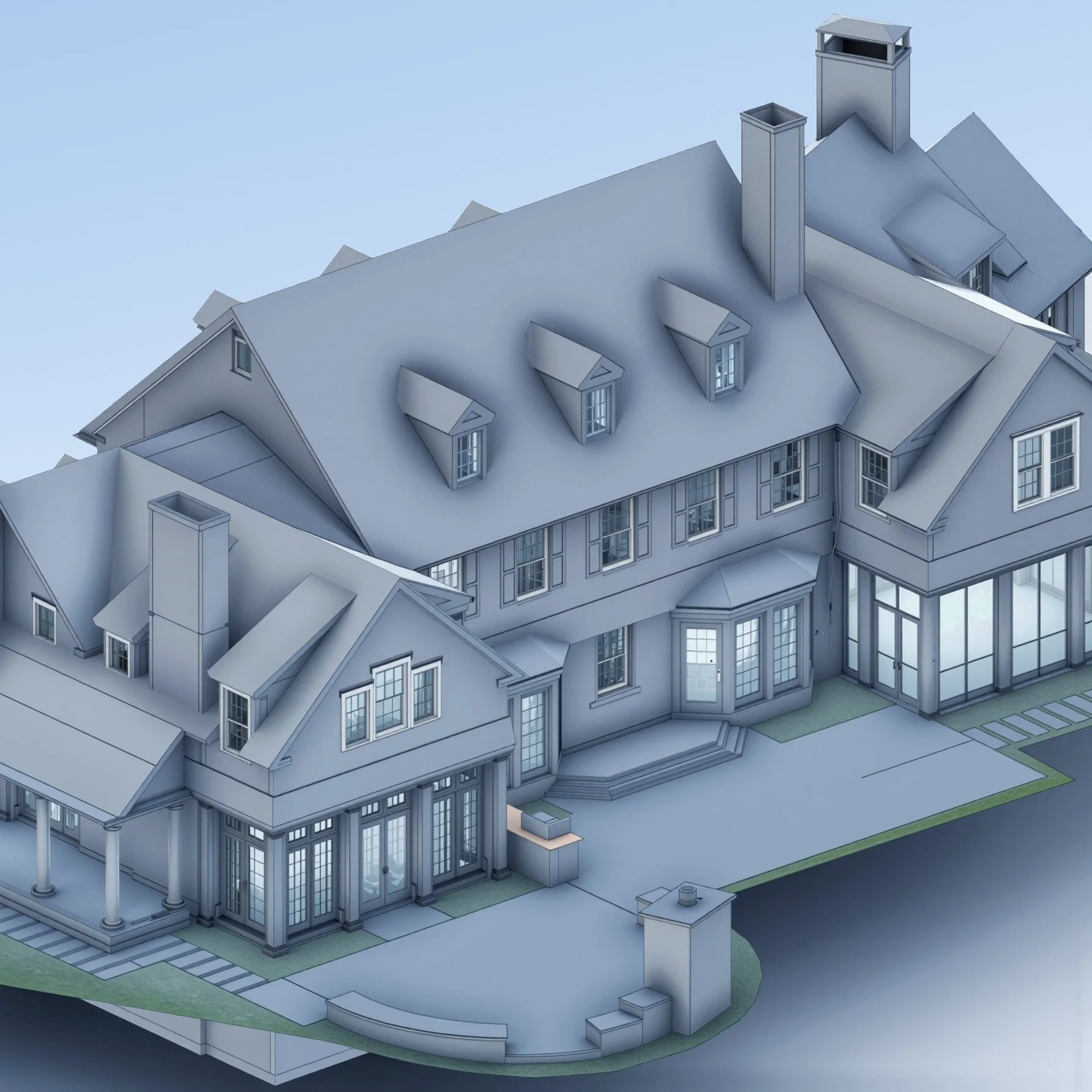 A detailed digital illustration of a large, multi-story house with numerous windows, chimneys, and a complex roof structure, depicted in shades of blue with a well-maintained front yard and a paved walkway.