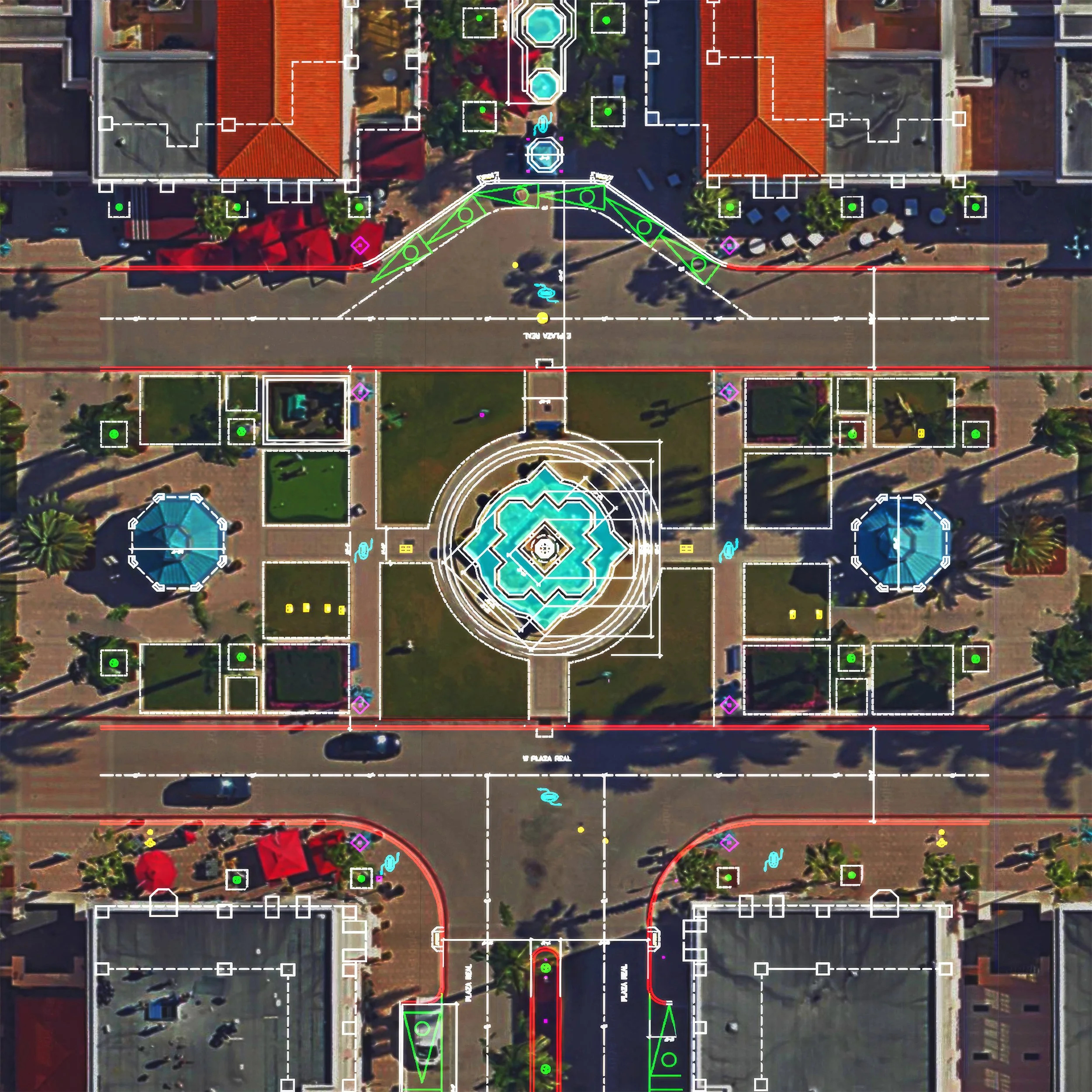 Aerial view of a city square with a fountain in the center, surrounded by greenery, seating, and decorative elements. Architectural outlines and design plans are overlaid on the image.