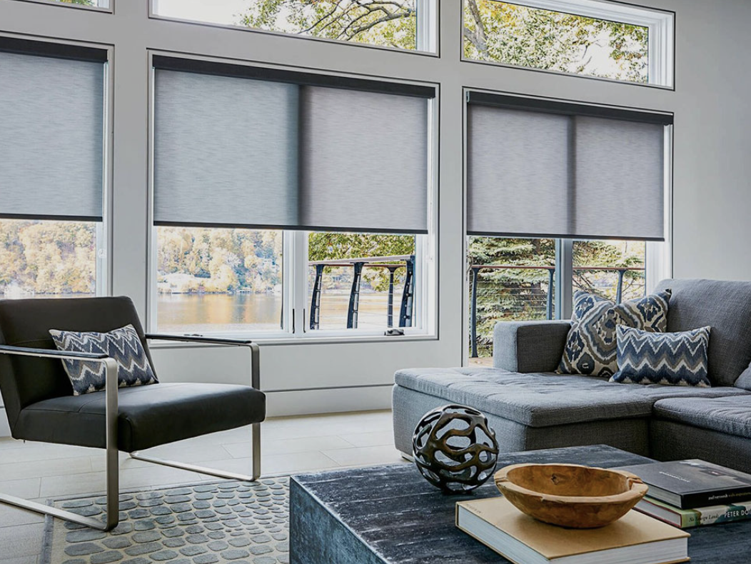 Living room with modern furniture, including a black armchair, a gray sofa with patterned pillows, and a coffee table with decorative objects, overlooking a lake through large windows with rolled-up window shades.