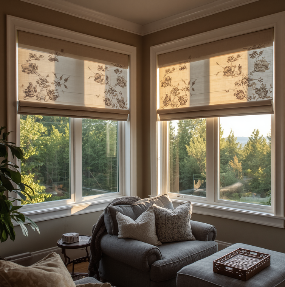 A cozy living room corner with a gray sofa holding multiple cushions, a small side table, and a window view of trees outside.