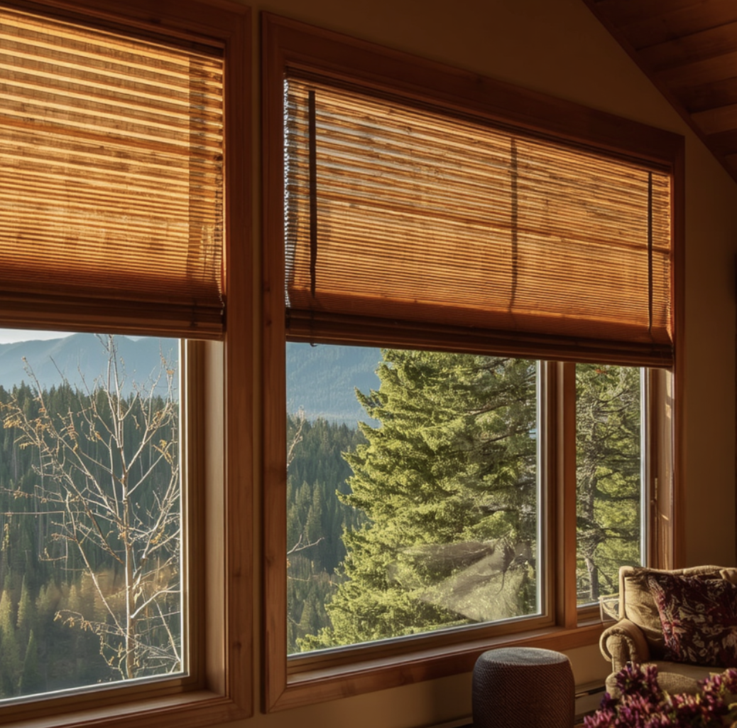 View of mountains and trees through large windows with wooden blinds in a cozy room.