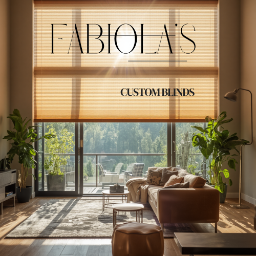 Living room with large window and wooden blinds advertising Fabio La's custom blinds, with plants, a beige sofa, cushions, and a view of greenery outside.