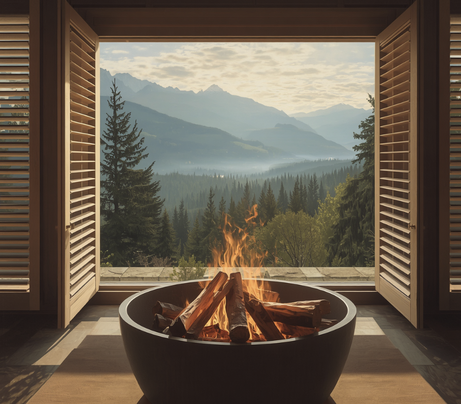 Indoor fireplace with burning logs facing a large open window showing a mountain landscape with trees and a cloudy sky.