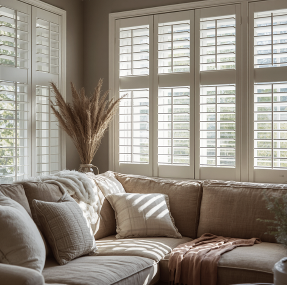 Sunlit living room corner with beige sectional sofa, pillows, a blanket, and tall window with white shutters