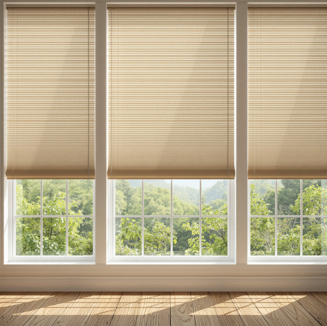 Three large windows with beige horizontal blinds, overlooking a lush green outdoor landscape with trees and hills, with sunlight casting shadows on a wooden floor.