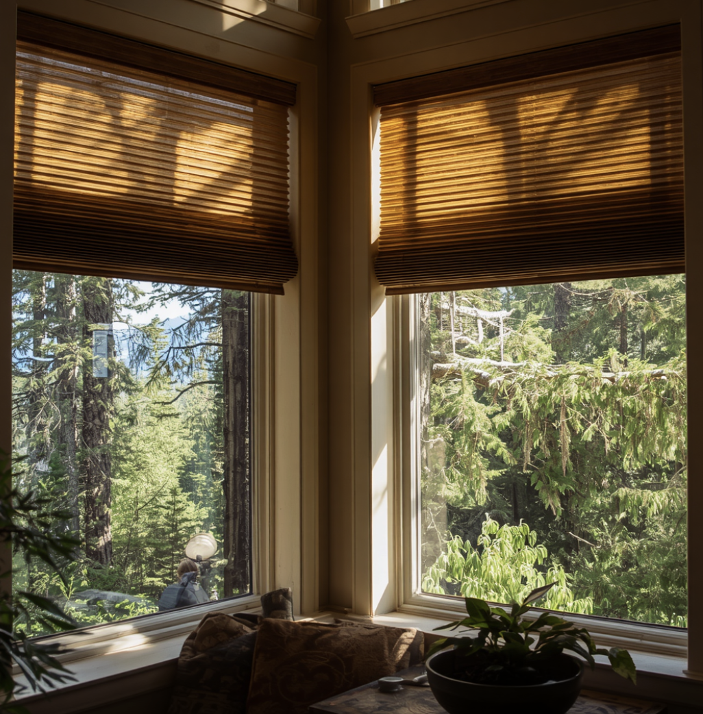 View of a lush green forest through two side-by-side windows in a cozy room, with sunlight filtering through wooden blinds and a potted plant on a table.