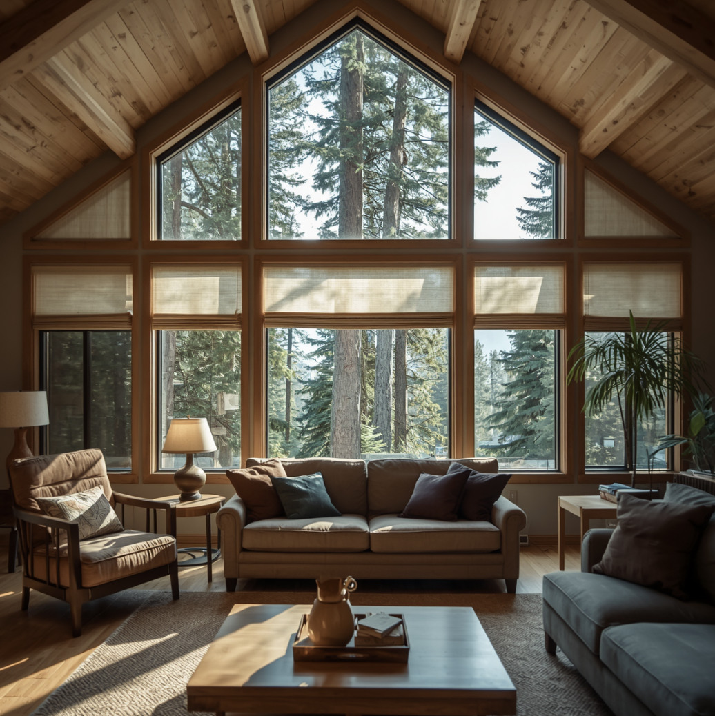 Living room with large triangular windows showing tall pine trees outside, with a light-colored sofa, a wooden armchair, side tables, lamps, and a potted plant, inside a wooden-paneled ceiling house.