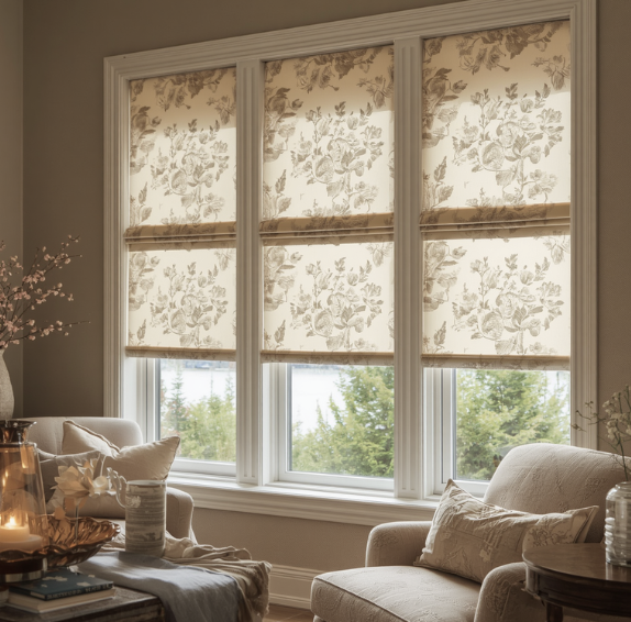 Living room with large windows covered by floral-patterned Roman shades, beige sofas, and decorative items.