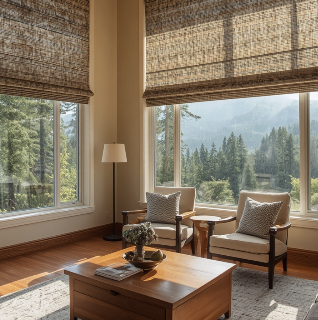 Living room with large windows overlooking a forest and mountains, two cream armchairs with patterned pillows, a wooden coffee table with books and a decorative bowl, a standing lamp, and beige window blinds.