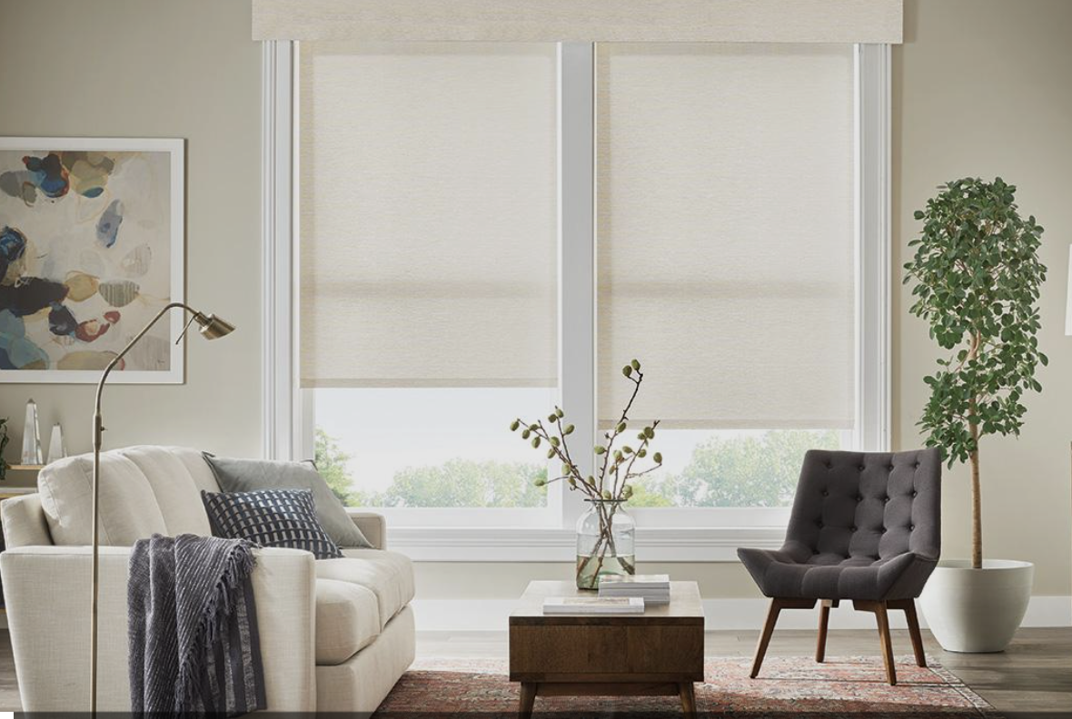 A cozy living room with a beige sofa, decorative pillows, a gray armchair, a wooden coffee table, a tall potted plant, and abstract wall art. Large windows with beige blinds let in natural light.