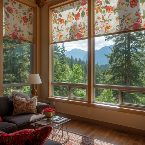 Living room with large windows showcasing a view of a forest and mountains, floral window coverings, a dark sofa with patterned pillows, a side lamp, and a small coffee table with a bowl of red apples.