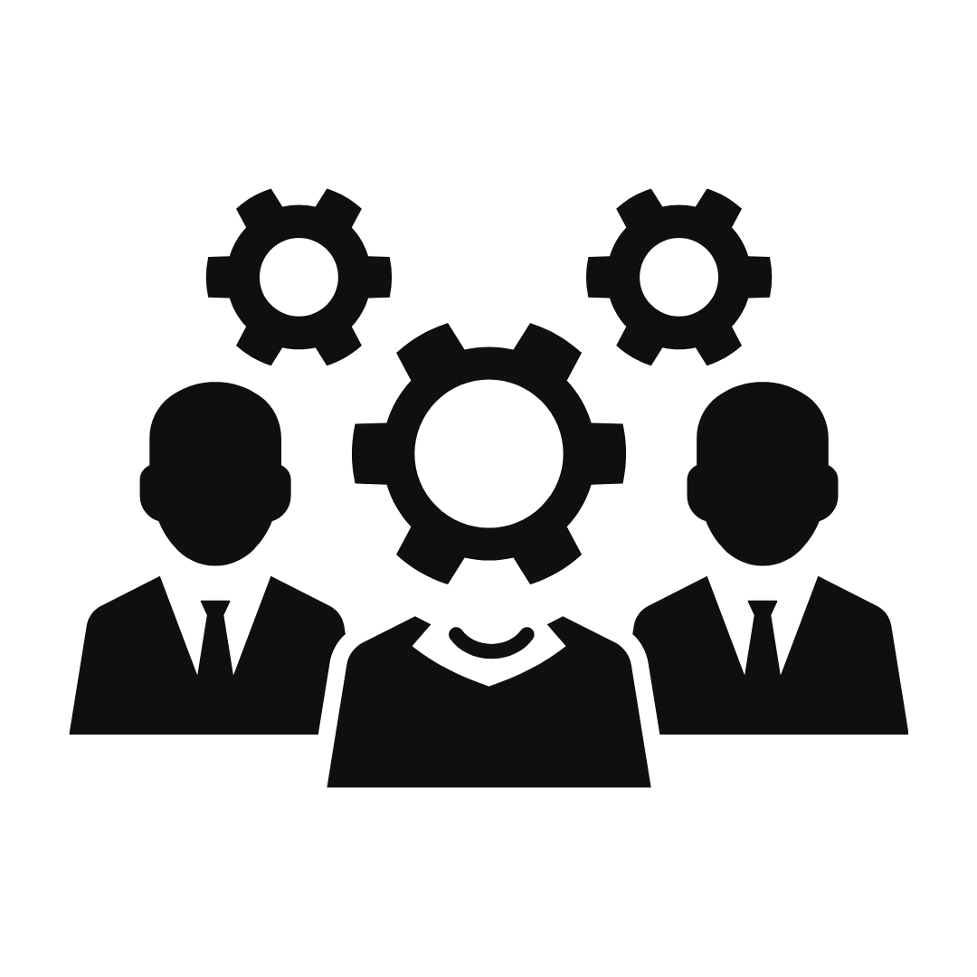 Icon of three business professionals with gears above their heads, representing teamwork or management.