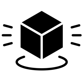 A black and white illustration of a cube with lines and curves indicating motion or emphasis.