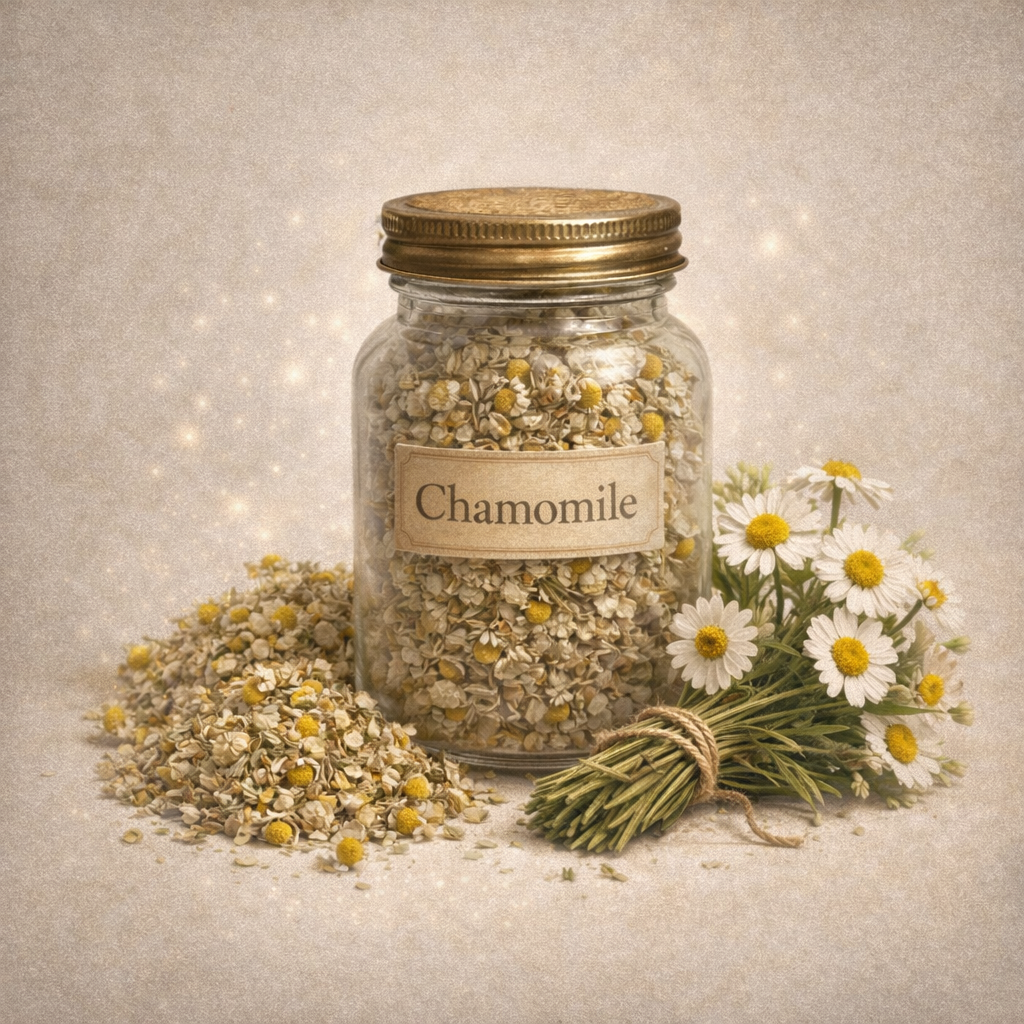 Organic Chamomile Flowers in Glass Jar
