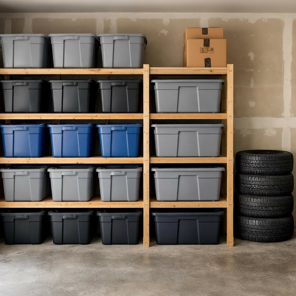 Shelving unit with storage bins and tires in a garage.