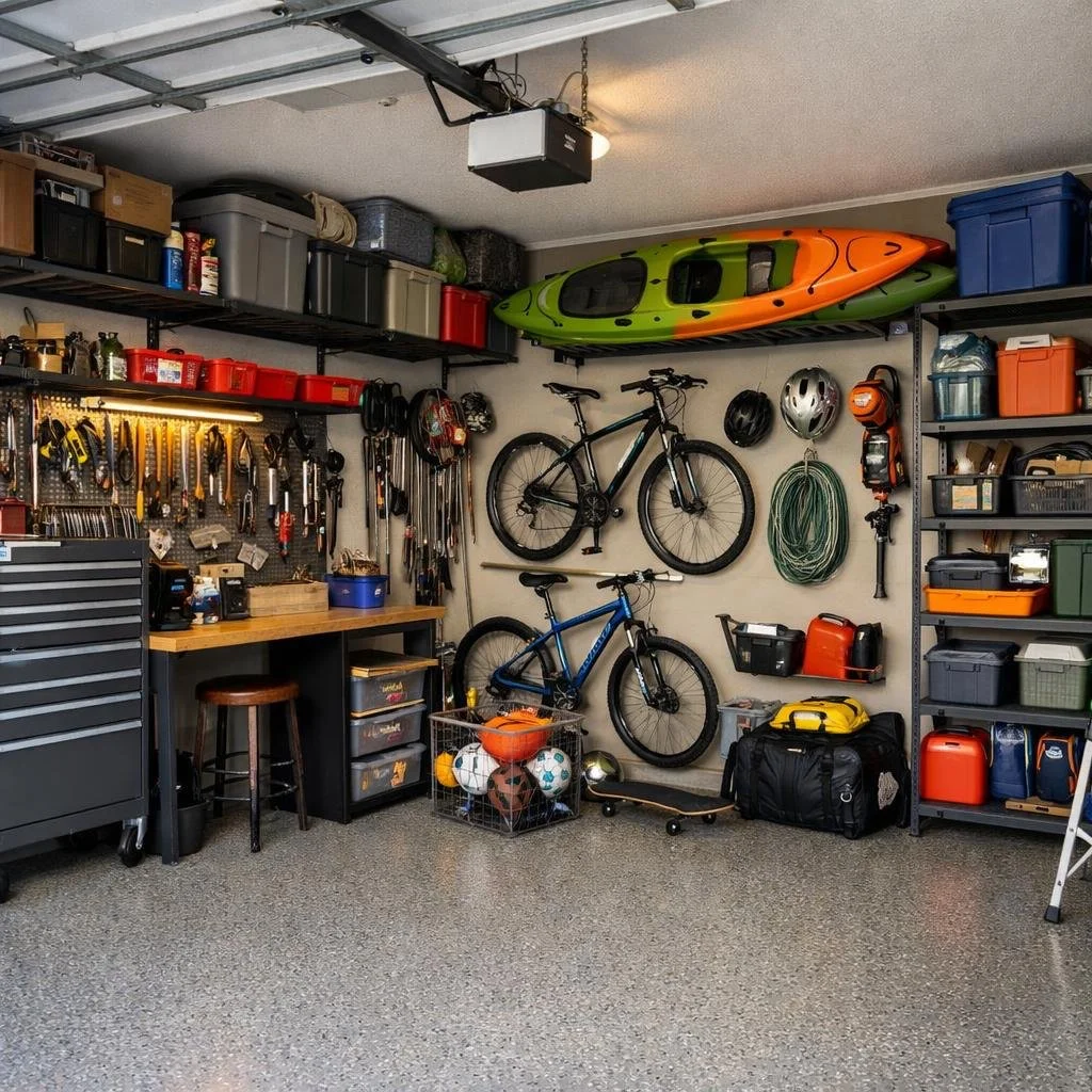 A garage with organized sports and outdoor equipment, including bicycles, kayaks, helmets, and sports gear on shelves and wall hooks.