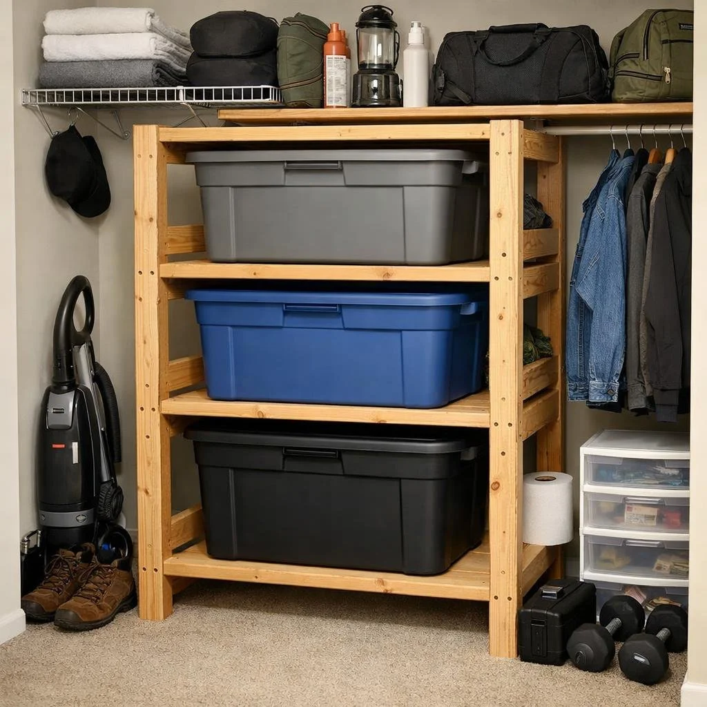 A closet with a wooden shelf holding three large plastic storage bins in gray, blue, and black. To the left, a vacuum cleaner with brown shoes beside it. On top, a wire shelf with folded towels, bags, bottles, and a lamp. To the right, hanging clothes, a small plastic drawer unit, a roll of paper towels, and some small black and gray equipment.