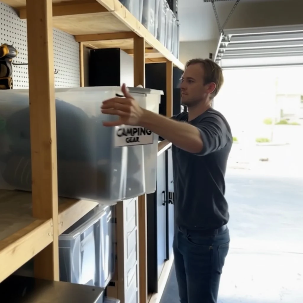 A man organizing camping gear in a storage closet labeled 'CAMPING GEAR'