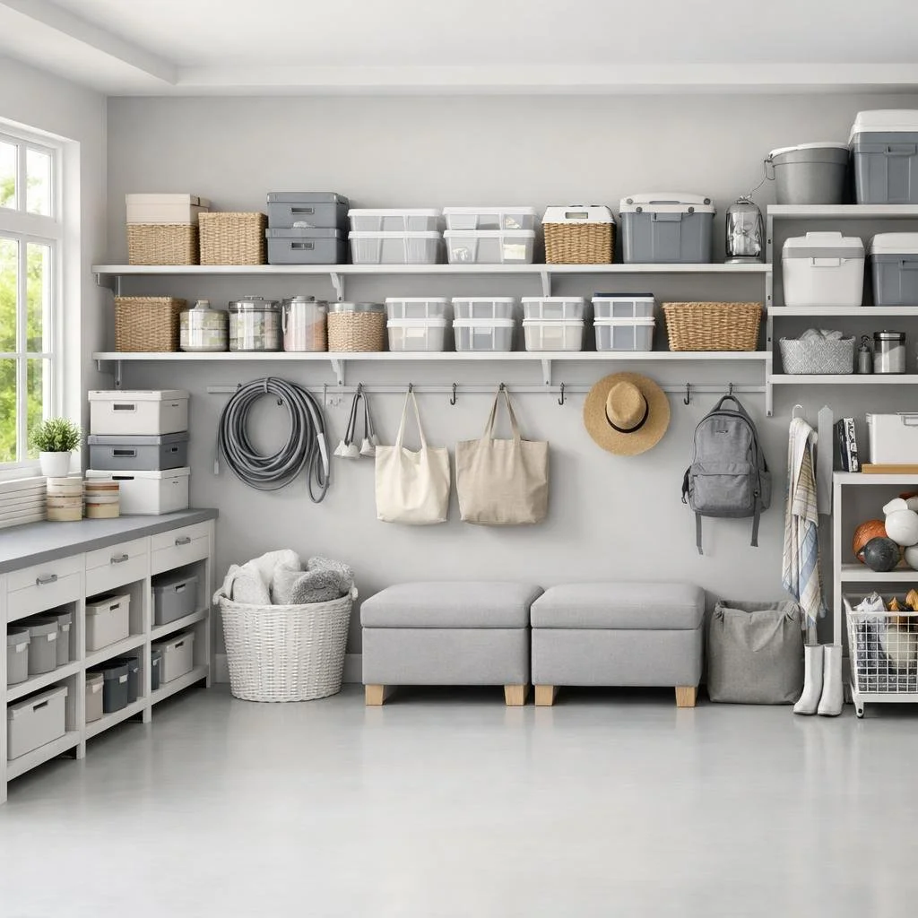 A well-organized laundry room with shelves holding storage bins, baskets, and jars. There are hooks with hanging bags, a straw hat, and a gray backpack. A laundry basket with stuffed animals is on the floor, with a small gray ottoman and a white cabinet with bins nearby.