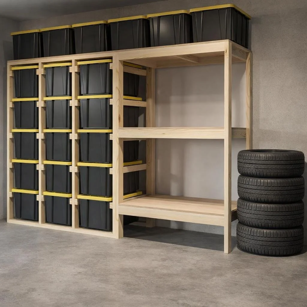A wooden shelving unit with black storage bins on the left and several car tires stacked on the right.