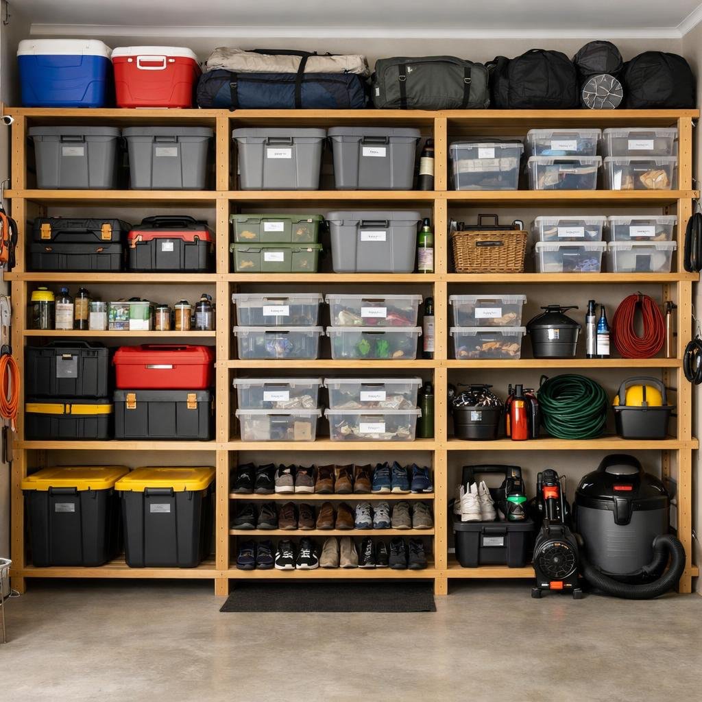 Wooden garage shelf filled with storage bins, tools, shoes, and gardening equipment.