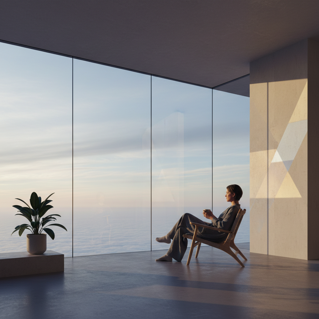 Persona sentada en una silla de madera mirando hacia afuera por una ventana grande, con un vaso en las manos, en una habitación moderna con una planta y vista al cielo y las nubes.