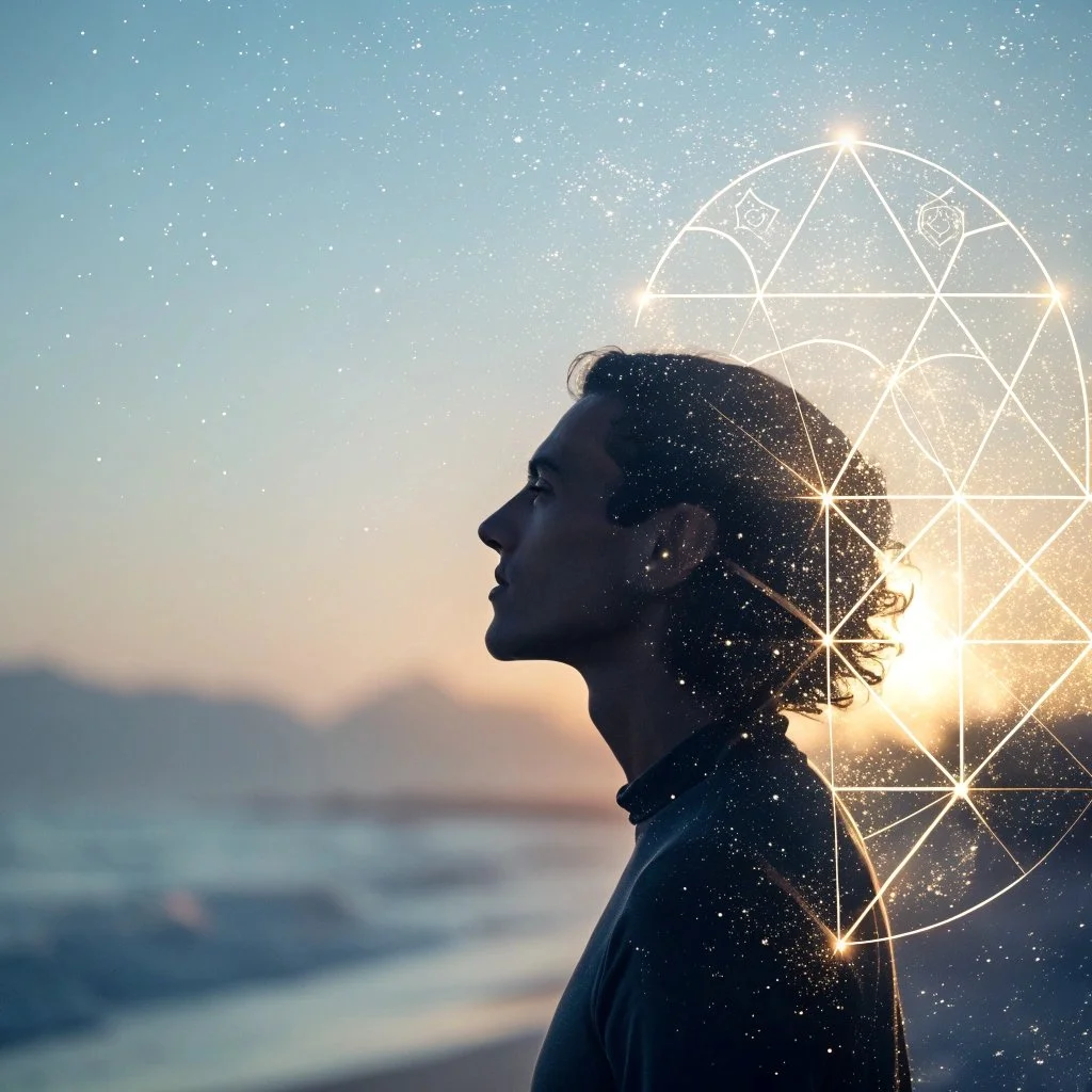Perfil de un hombre en la playa al atardecer con un diseño de geometría sagrada y estrellas flotando alrededor de su cabeza